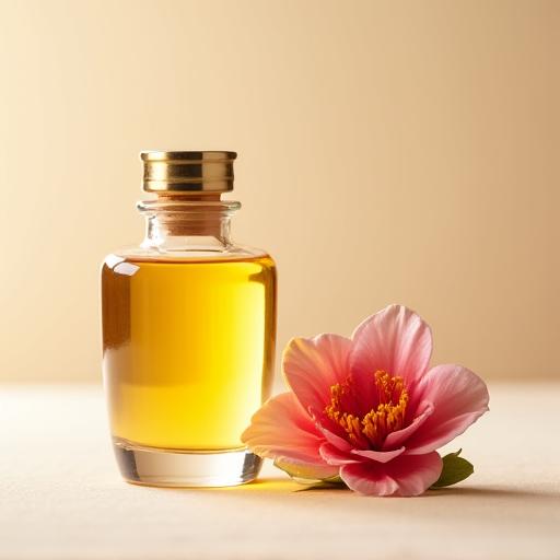 椿の花と抽出されたオイルの入った小瓶